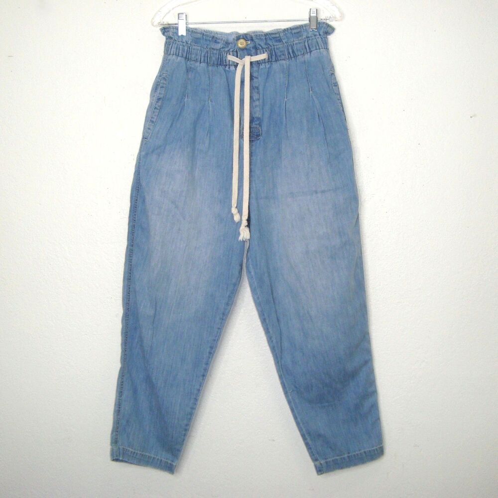 Free People Margate Pleated Paperbag Hemp Blend Button Fly Denim Pants